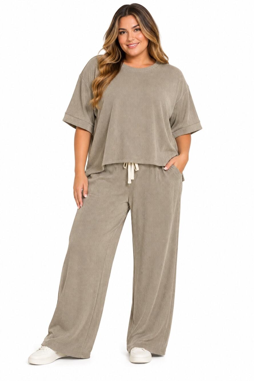 Zenana Taupe/Mushroom Ribbed Textured Two-Piece Set Size 3X
